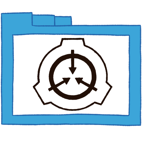 A hollow blue folder with thin lineart, which contains the SCP logo in black. The SCP logo is an outline of a circle with 3 square ridges, which has another circle outline inside it. This one is thicker and has 3 straight arrows overlapping it, which all point inward.